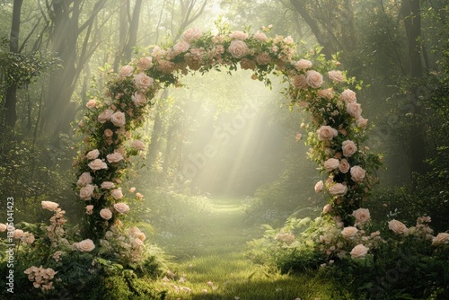 Rose archway in a misty forest path.