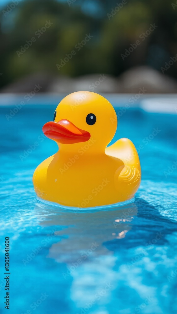 Yellow classic rubber duck with red beak for a kid's bath time, in the water pool with blue water. Symbol of summer season, vacation and relax time. Banner with copy space Yellow classic rubber duck with red beak for a kid's bath time, in the water pool with blue water. Symbol of summer season, vacation and relax time. Banner with copy space