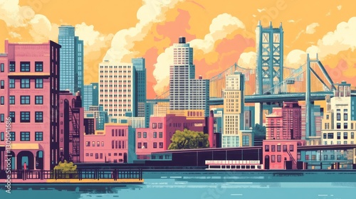 Pixelated city skyline at sunset with bridge