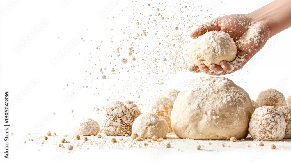Fototapeta premium Baking fresh dough for artisan bread in a cozy bakery floury environment close-up view of loaf creation