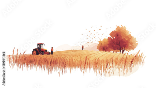 A digital illustration depicting a pastoral landscape. The style mimics watercolor painting with soft, blended colors.?The scene features a red tractor in a field of golden wheat or tall
