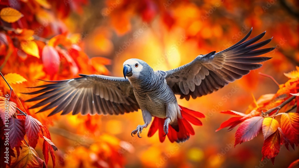 Fototapeta premium African Grey Parrot in Autumn Flight: Stunning Wildlife Photography