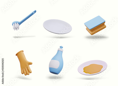 Collection of 3D dishwashing icons. Devices and detergents for cleaning kitchen. Brush, rubber glove, clean and dirty plate, sponge, bottle of detergent. Elements for before and after concepts