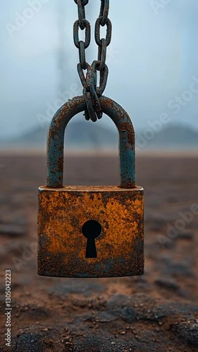 Rusty padlock hanging over dry earth, security concept