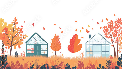 The illustration depicts a stylized landscape scene showcasing three small buildings��two appearing to be greenhouses and one a small house��situated amidst stylized trees displaying autumnal