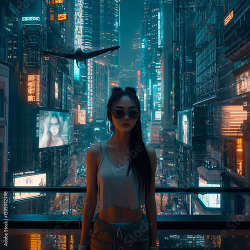 Girl in a Futuristic Street Scene with Neon Reflections