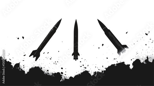 The image is a monochrome illustration depicting three stylized missiles launching upwards from a dark, textured base suggestive of an explosion or impact site.  The missiles are rendered