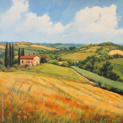Rustic House Amidst Golden Wheat Fields and Rolling Hills under Partly Cloudy Sky