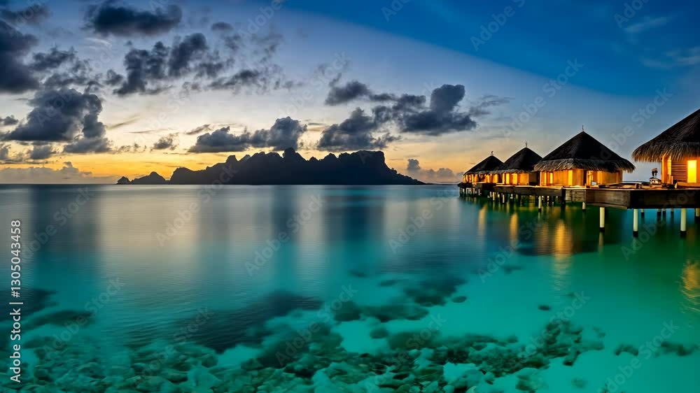 Serene Tropical Island Sunrise with Overwater Bungalows and Clouds Serene Tropical Island Sunrise with Overwater Bungalows and Clouds