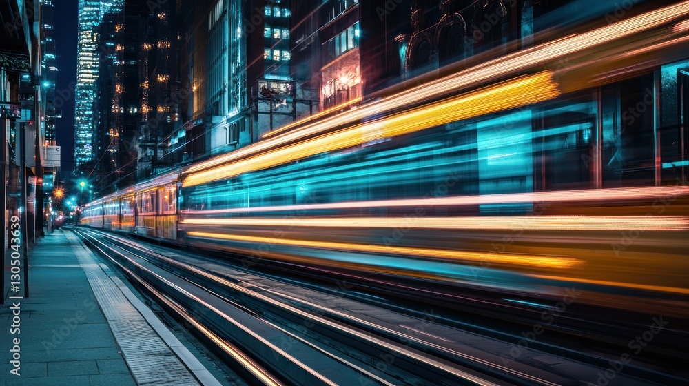 City Night Scene with Motion Blur of Lights on Urban Railway City Night Scene with Motion Blur of Lights on Urban Railway