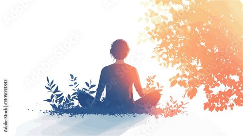 The image is a stylized illustration or vector graphic depicting a person sitting in a lotus position, meditating. The figure is rendered as a dark silhouette against a light background,