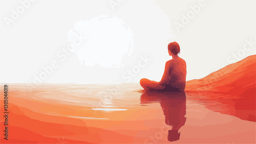 Digital painting depicting a stylized silhouette of a person seated in a lotus position by a body of water at sunrise. The color palette is predominantly warm oranges and reds, creating a