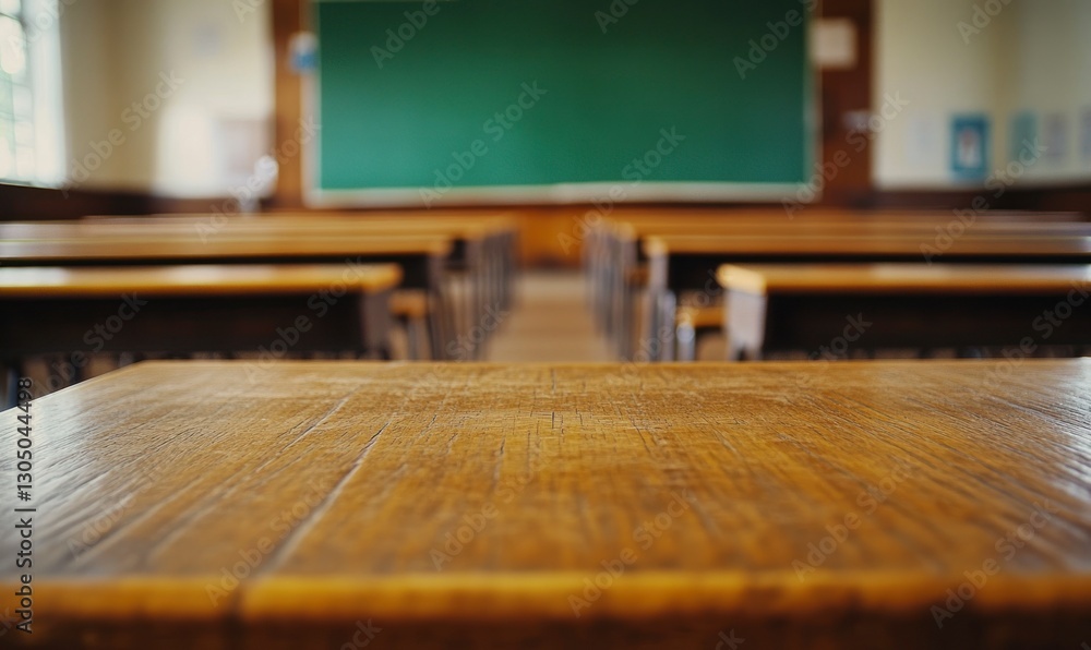 Empty Classroom View with Focus on Wooden Desk and Chalkboard Empty Classroom View with Focus on Wooden Desk and Chalkboard