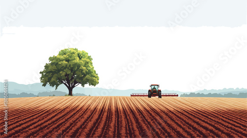 The image shows a wide, flat field of freshly plowed reddish-brown soil, exhibiting clear parallel lines indicating recent tillage. A lone, full, green deciduous tree stands prominently on