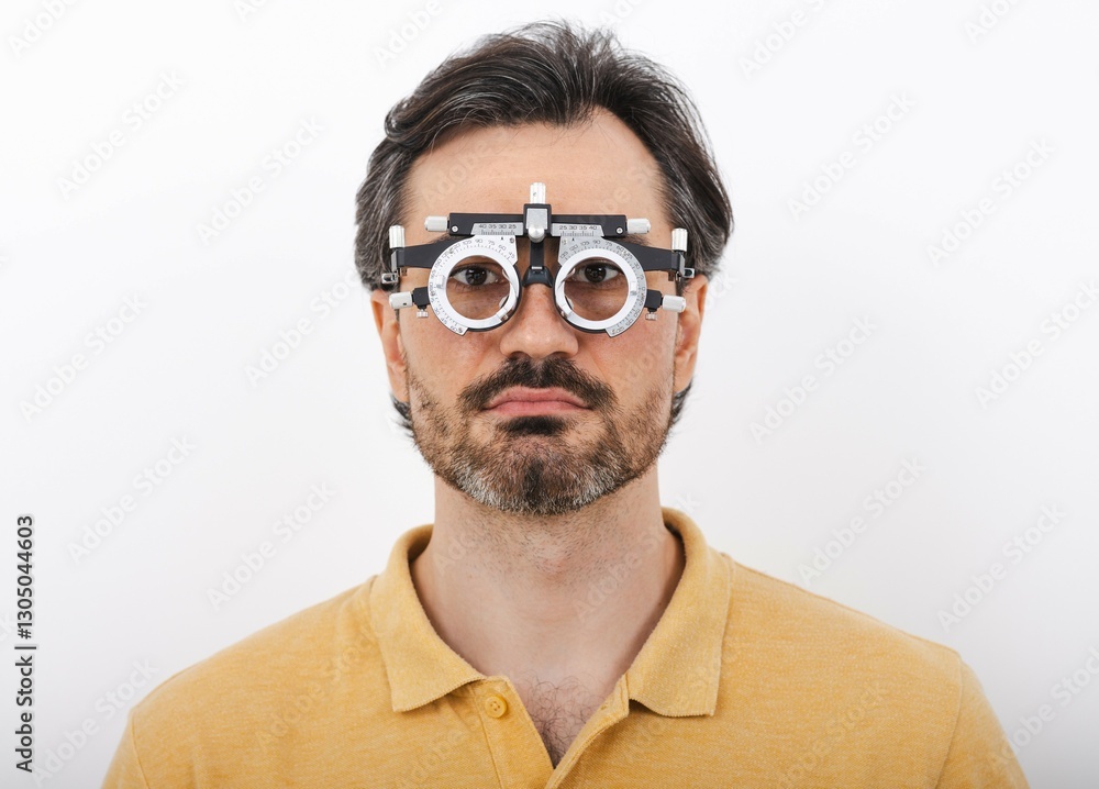 Obraz premium Middle-aged man wearing optometrist trial frame to select glasses for vision treatment, isolated on white. Ophthalmology