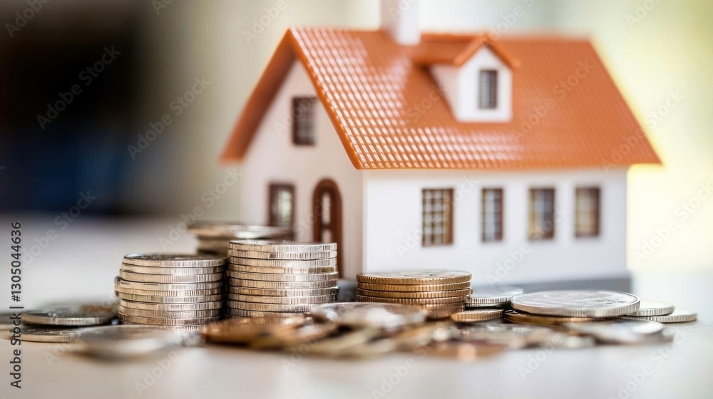 Model house with stacked coins representing savings and investment concepts Model house with stacked coins representing savings and investment concepts