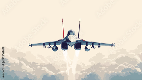 The image shows a fighter jet in the process of taking off. The jet is centrally positioned, viewed from a low angle,  against a background of light-colored clouds.  The jet is sharply in