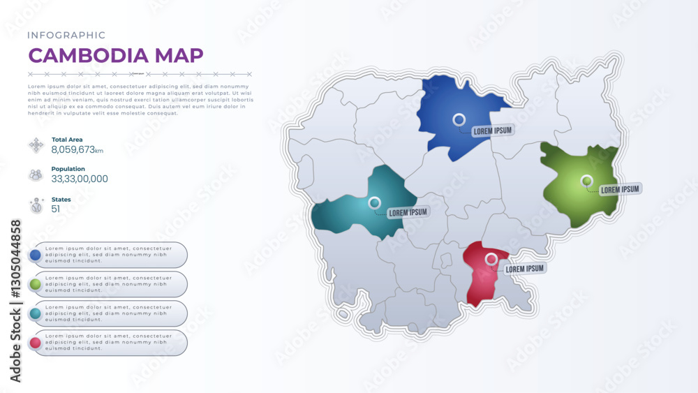 Naklejka premium Total Area, Papulation, States & More Detailed Infographic Map of Cambodia. Cambodia country map infographic colored vector template with regions and pointer marks.