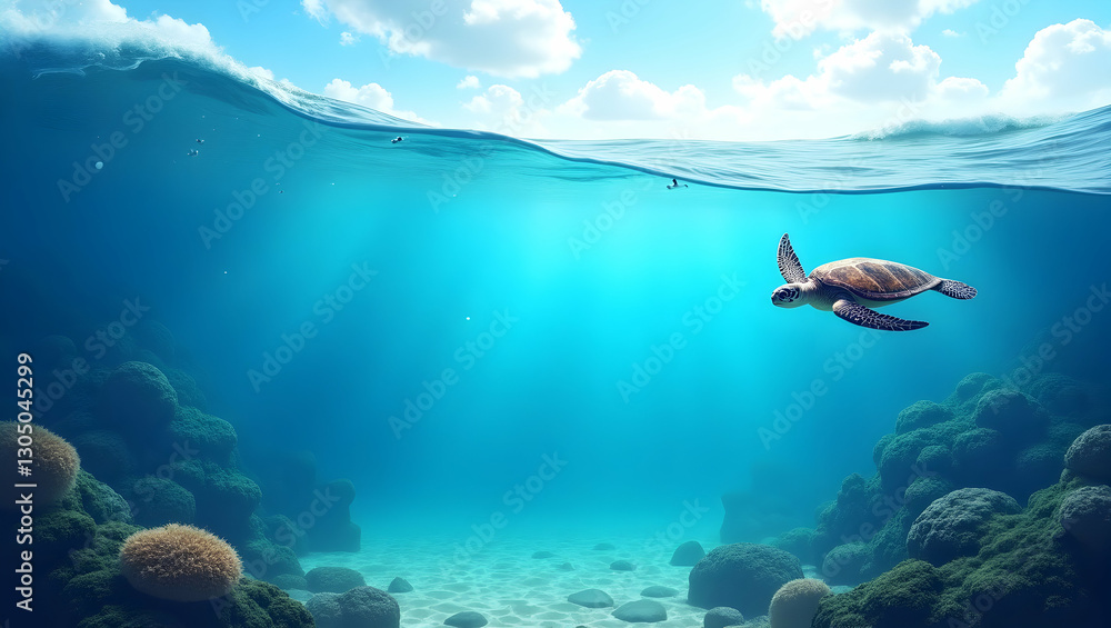 Fototapeta premium Graceful Sea Turtles and Dynamic Ocean Waves Frame for Marine Conservation on World Environment Day