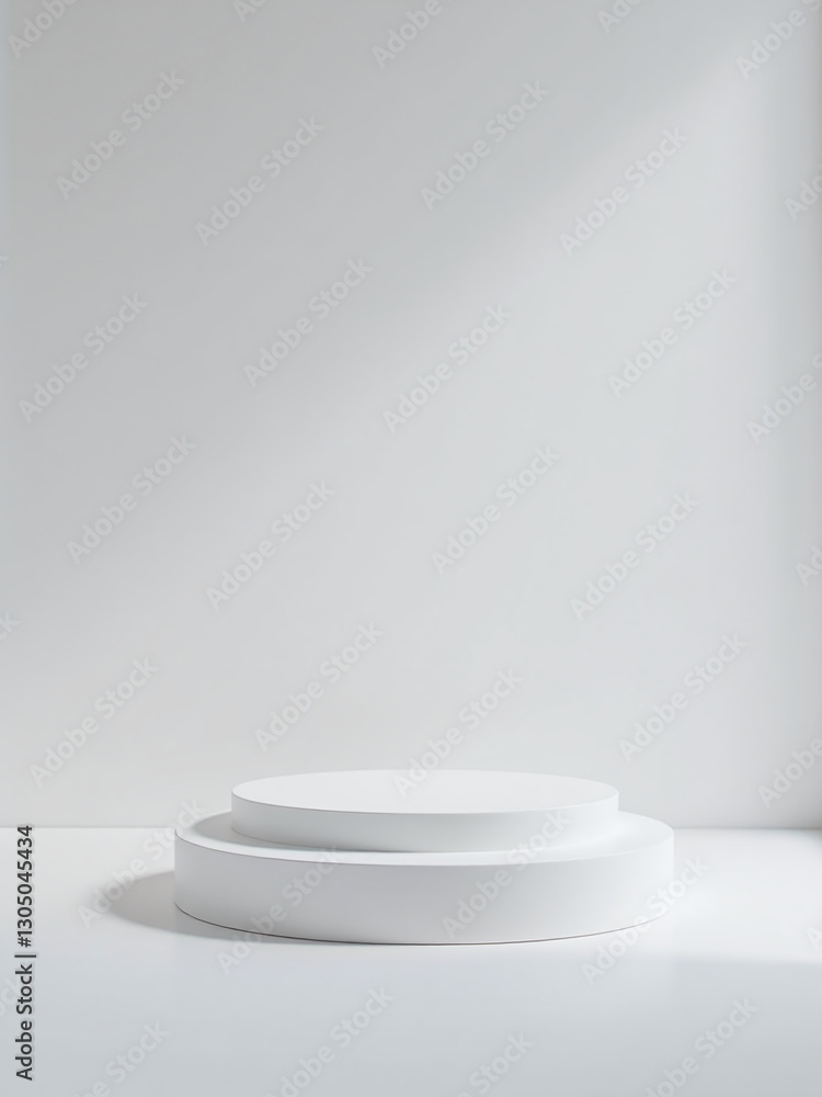 A 3d Podium With A White Rounded Base And Subtle Lighting Creates An Abstract, Geometric Composition In Minimalist Style. A 3d Podium With A White Rounded Base And Subtle Lighting Creates An Abstract, Geometric Composition In Minimalist Style.