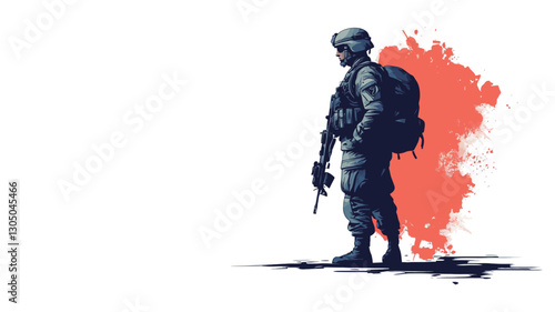 The image is a digital illustration depicting a stylized silhouette of a soldier. The soldier is standing in profile view, facing right, with a backpack and what appears to be a rifle. The