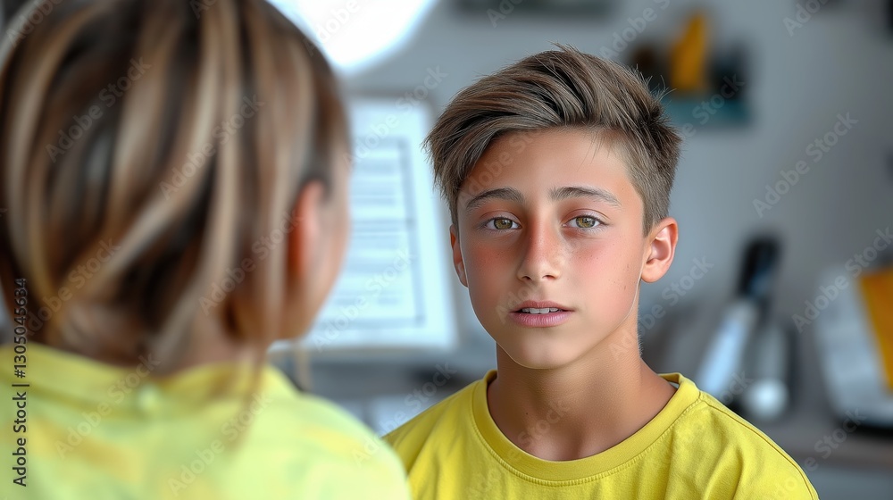 Fototapeta premium A child attempts to decipher a blurred eye chart in a clinical exam room, highlighting the challenges of vision assessment. The soft light creates an atmosphere of uncertainty