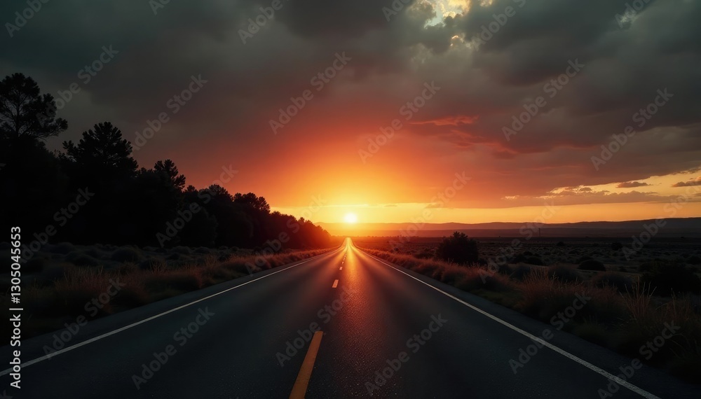 Deserted highway at dusk with trees fading out, sunset, black and white landscape Deserted highway at dusk with trees fading out, sunset, black and white landscape