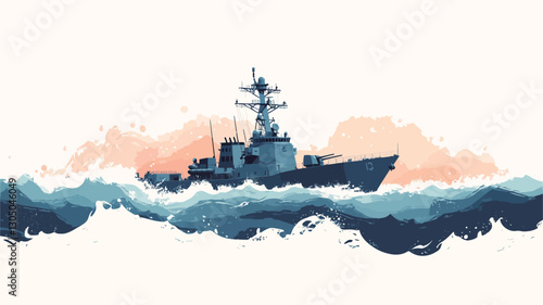 A stylized watercolor illustration depicts a warship, possibly a destroyer, sailing through ocean waves. The color palette is predominantly blues and muted peach/orange tones in the