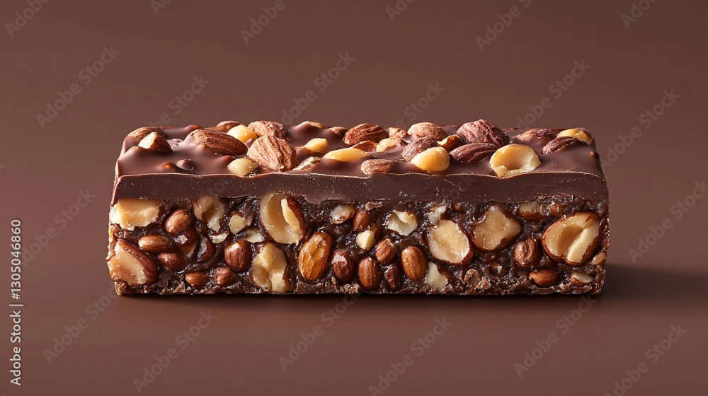 Delicious chocolate nut bar with a rich texture and crunchy nut pieces on a brown surface Delicious chocolate nut bar with a rich texture and crunchy nut pieces on a brown surface