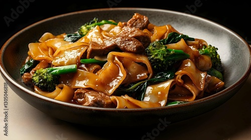 Pad See Ew: A close-up shot of a plate of Pad See Ew noodles, a popular dish in Southeast Asian cuisine, showcasing the rich colors and textures of the ingredients.