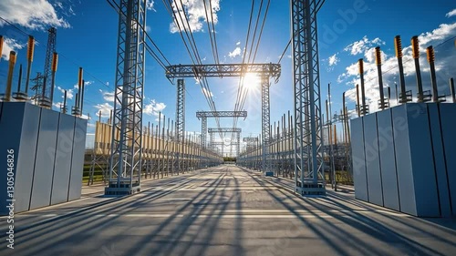 Power Grid: The electric power grid stretches into the distance under a sunny sky, the metal pylons and power lines converging toward the sun, symbolizing the flow and distribution of electricity.