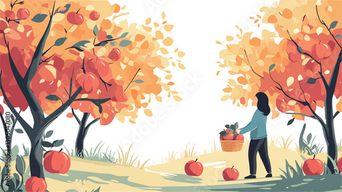 The illustration depicts a stylized scene of a woman collecting apples in an orchard during autumn. The style is painterly, with soft brushstrokes and a warm color palette dominated by