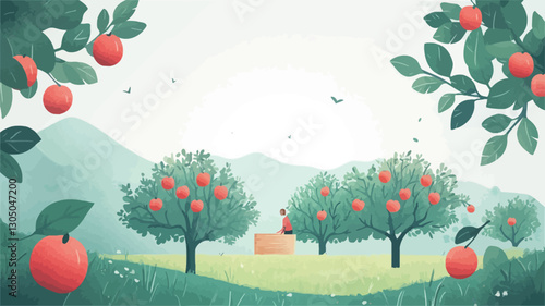A digital painting depicting a tranquil apple orchard scene.  The illustration showcases several apple trees laden with ripe red apples, set against a backdrop of softly rendered green