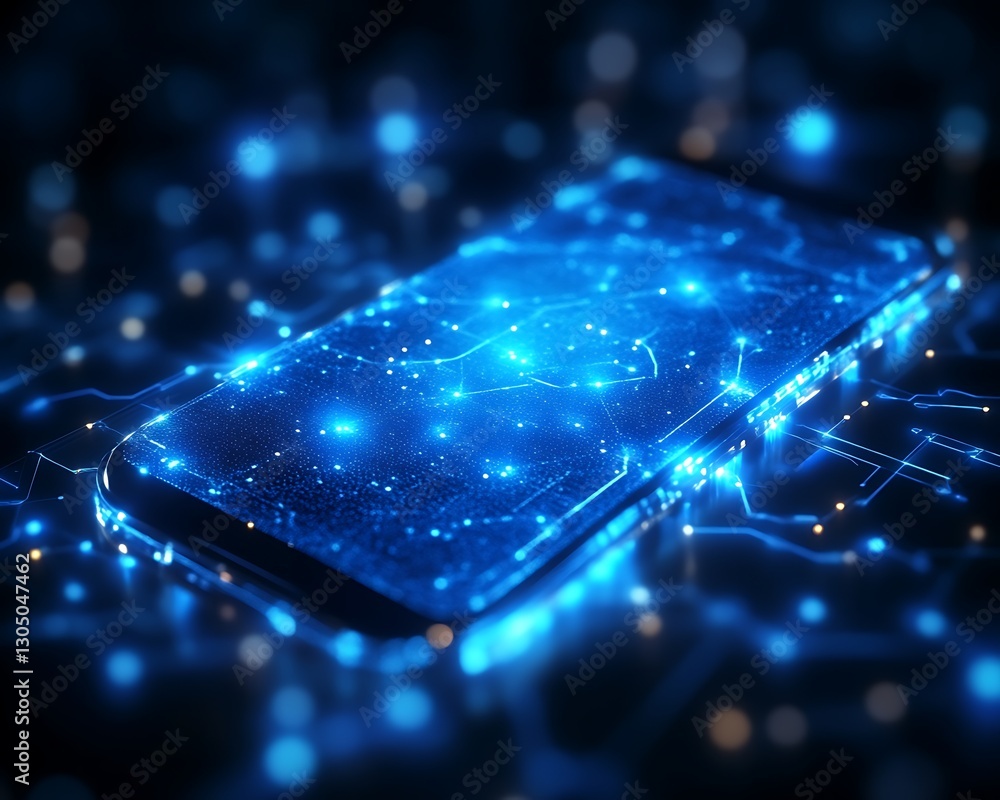 Obraz premium Glowing phone circuits on dark surface