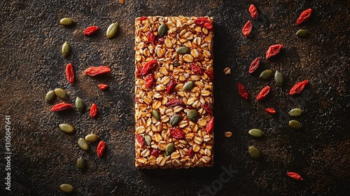 Healthy Snack Bar with Seeds and Berries on Dark Background for Nutritional Lifestyle photo