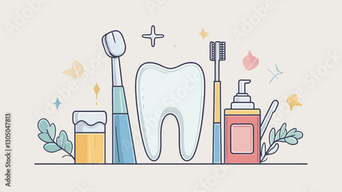 A vector illustration featuring a large, centrally positioned tooth surrounded by various oral hygiene products rendered in a minimalist line art style with pastel color palette. The items