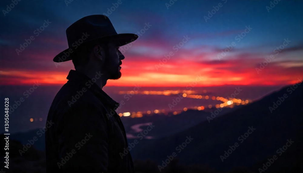 Fototapeta premium Silhouette of Man at Sunset: A lone figure, silhouetted against a vibrant sunset, gazes out over a sprawling cityscape nestled in the valleys below.