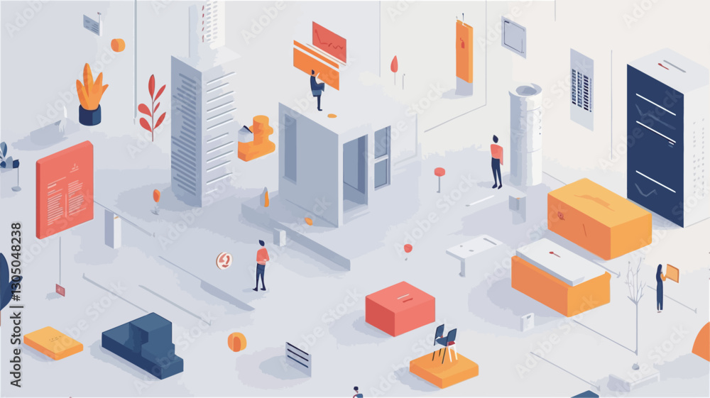 The image is an isometric illustration featuring a variety of geometric shapes representing different aspects of a workspace. Small figures representing people are depicted interacting The image is an isometric illustration featuring a variety of geometric shapes representing different aspects of a workspace. Small figures representing people are depicted interacting