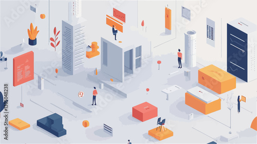 The image is an isometric illustration featuring a variety of geometric shapes representing different aspects of a workspace.  Small figures representing people are depicted interacting