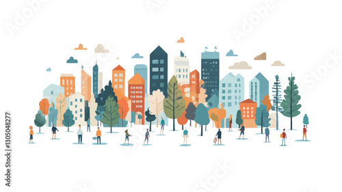 The image is a stylized illustration of a cityscape featuring various buildings of different heights and architectural styles.  The buildings are depicted in a simplified, flat design with