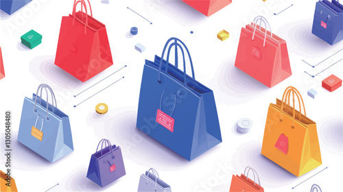 The image shows a repeating isometric pattern of colorful shopping bags on a white background.  The bags are various shades of red, blue, yellow, purple, and light blue.  They are depicted