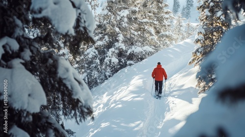 Wallpaper Mural Solitary Skier in Red Jacket Navigating Pristine Snowy Forest Trail Among Snow-Covered Pines Torontodigital.ca