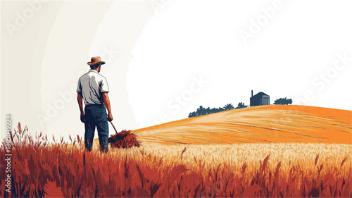 The image is a digital painting or illustration depicting a lone farmer standing in a vast, golden wheat field. The farmer, viewed from behind, is wearing a hat and simple clothing.  He