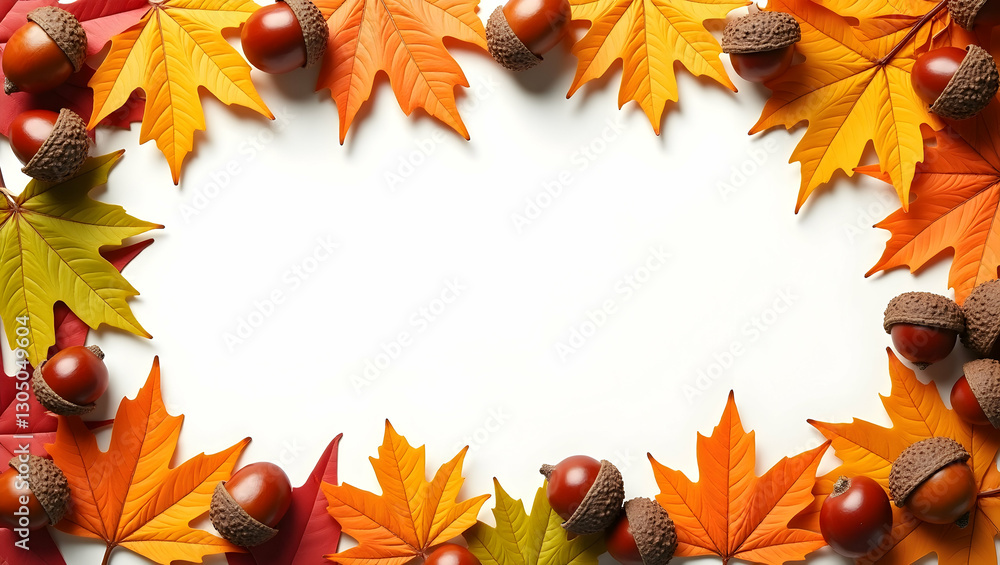 Fototapeta premium Leaves and acorns border frame with natural copy space for Thanksgiving concept as Crisp autumn leaves and acorns encircling frame for natural Thanksgiving message space in Photo Stock Concept and 