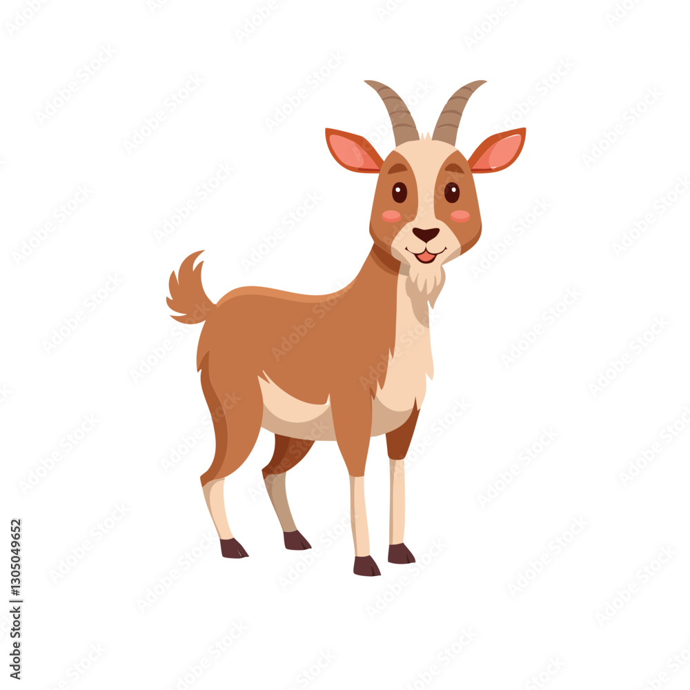 Obraz premium Cute cartoon goat, brown and white animal, smiling farm creature, vector illustration