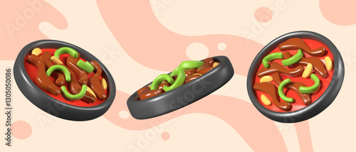 Hot, bright Mexican dish served in round pan. Hearty food. Vector color model