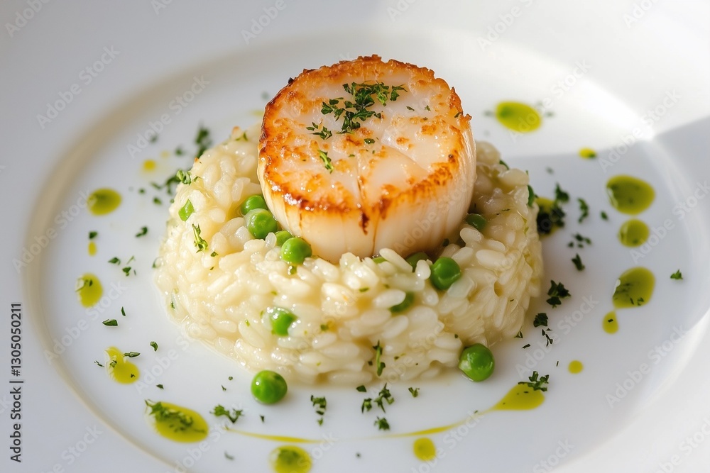 Creamy risotto with a seared scallop. Restaurant menu. Creamy risotto with a seared scallop. Restaurant menu.