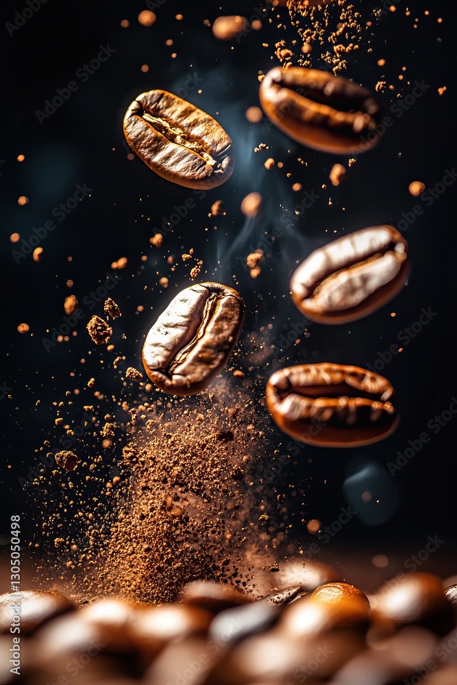 Dynamic motion shot of roasted coffee beans exploding in mid-air Dynamic motion shot of roasted coffee beans exploding in mid-air