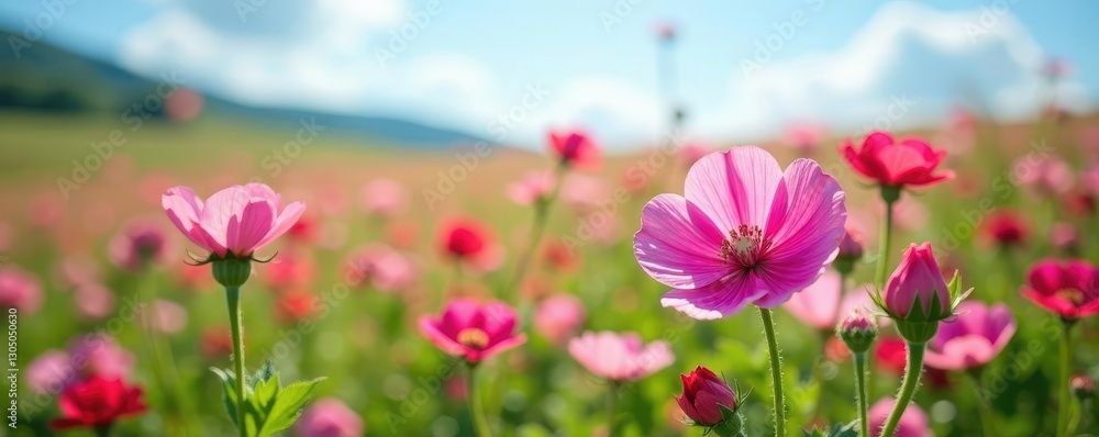 Obraz premium Field of pink musk mallow with a sunny sky and greenery, wildflowers, flower fields, pink