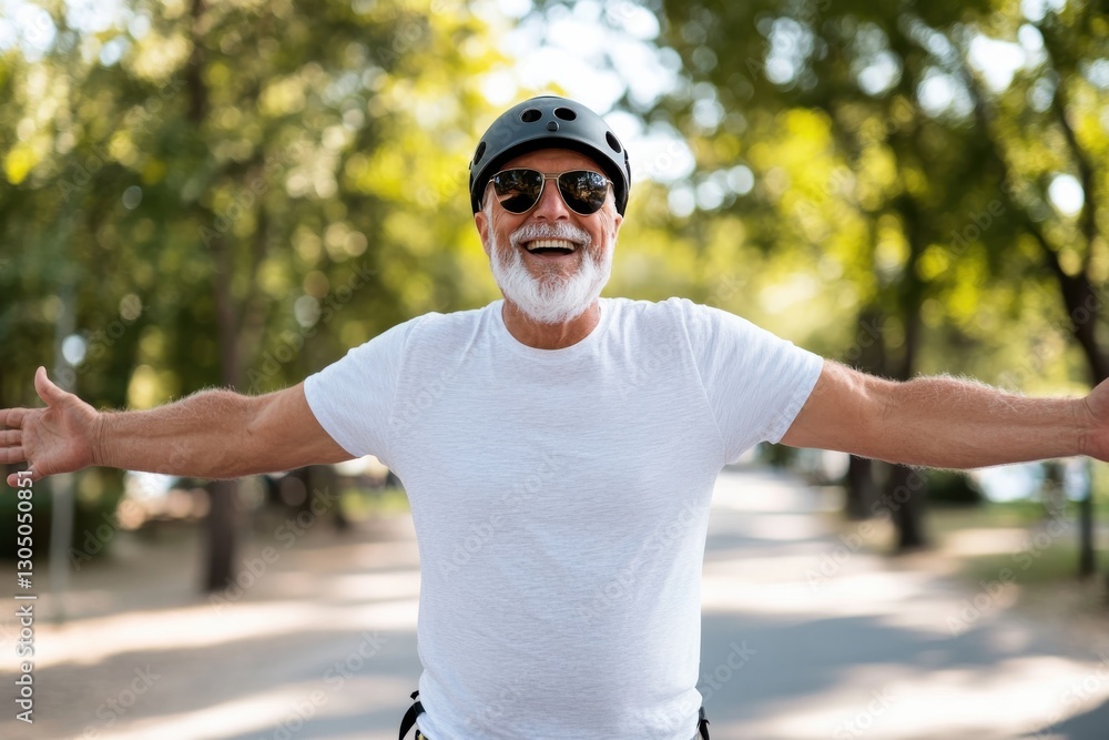 Fototapeta premium An ecstatic elderly man with a helmet smiles broadly while skateboarding in a park, exemplifying the spirit of adventure, vibrancy, and the boundless joy of life at any age.